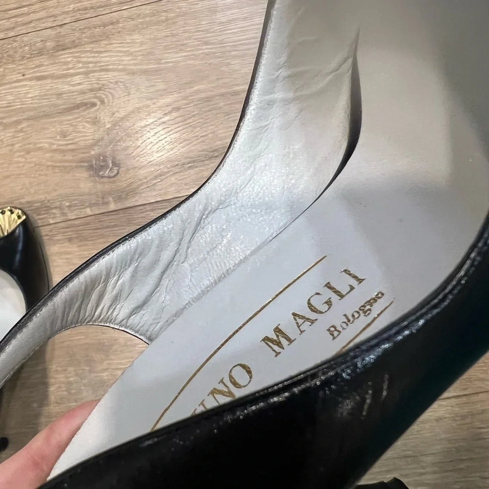 BRUNO MAGLI black leather peep toe sling shoes with gold accent on the toe - Picture 10 of 16